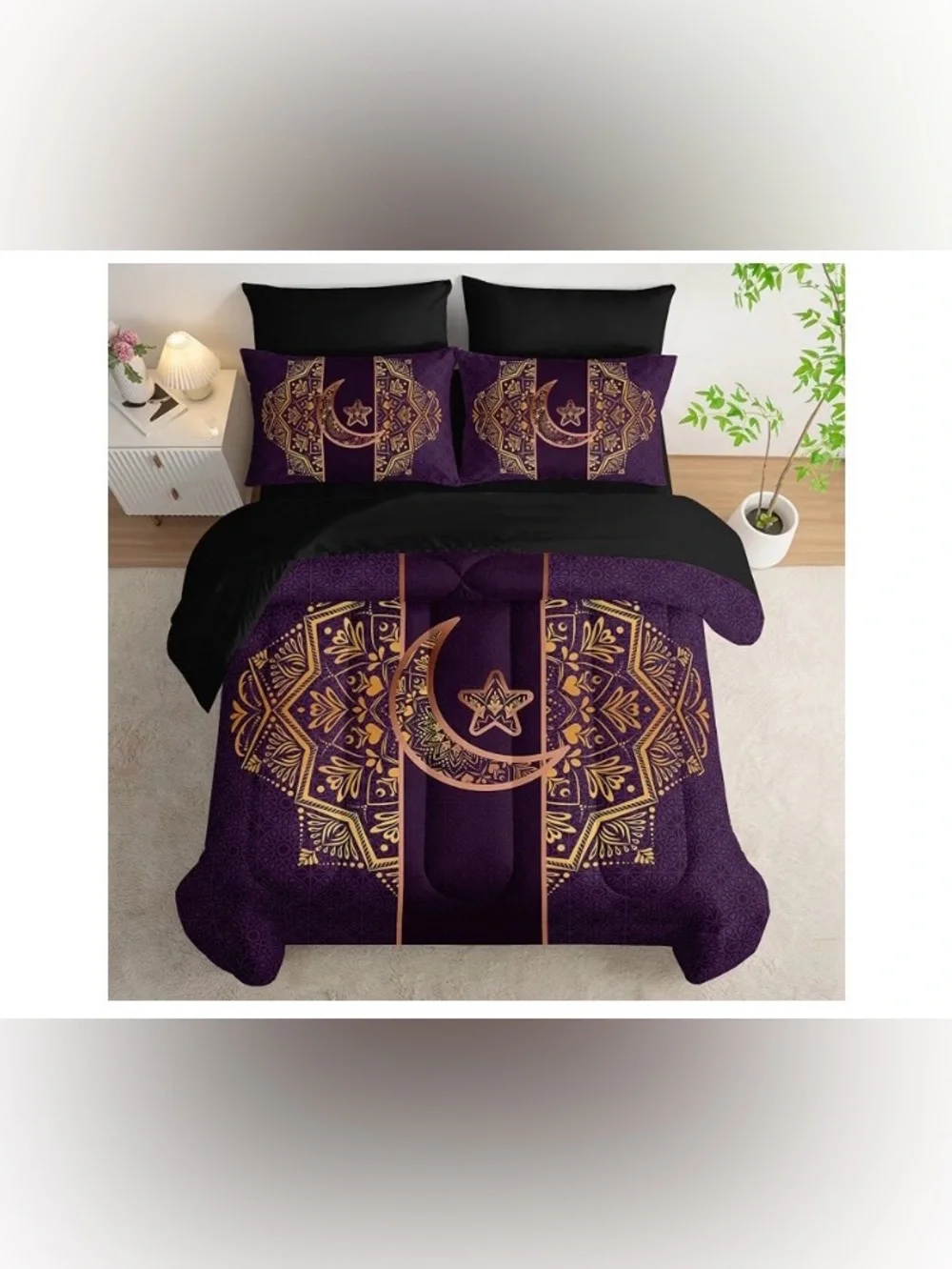 Boho Moon Comforter Set Queen Size,7Piece Soft Bed in a Bag,Gold Purple Crescent